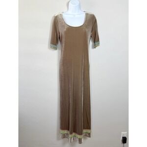 Vtg Nathalie Seaver‎ Velvet Maxi Dress S Tan Lace Trim Whimsigoth Boho-Chic 90s